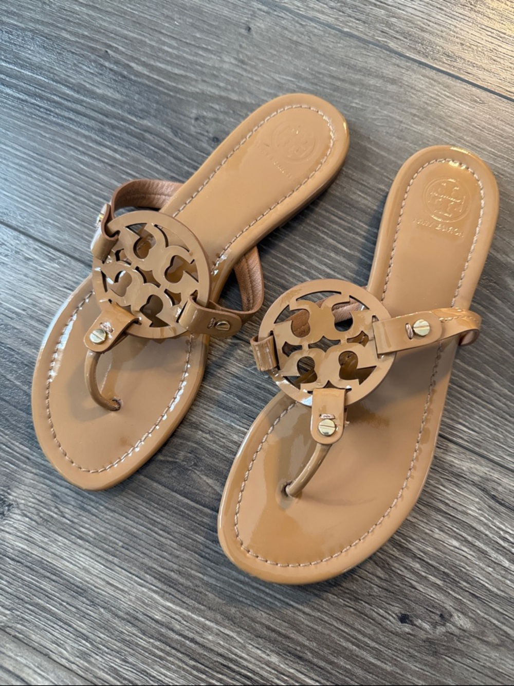 Tory Burch Cognac Patent Leather Logo Thong Sandals